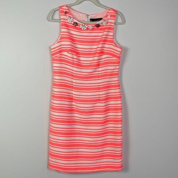 Chetta B Neon Pink and White Striped Dress with Embellished Neckline, Size 8 - Picture 1 of 10